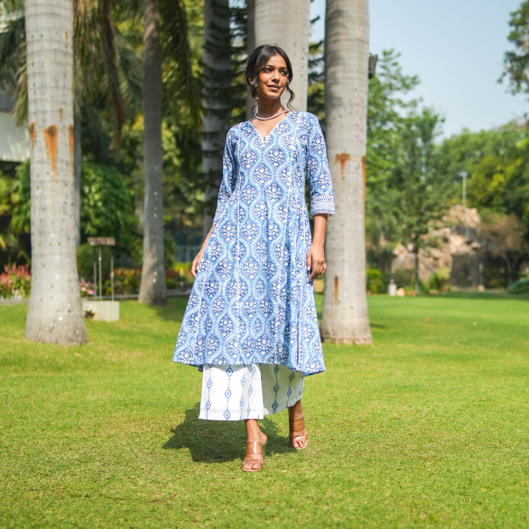 Blue Hand Block Printed Flared Kurta with Hand Embroidery Detail