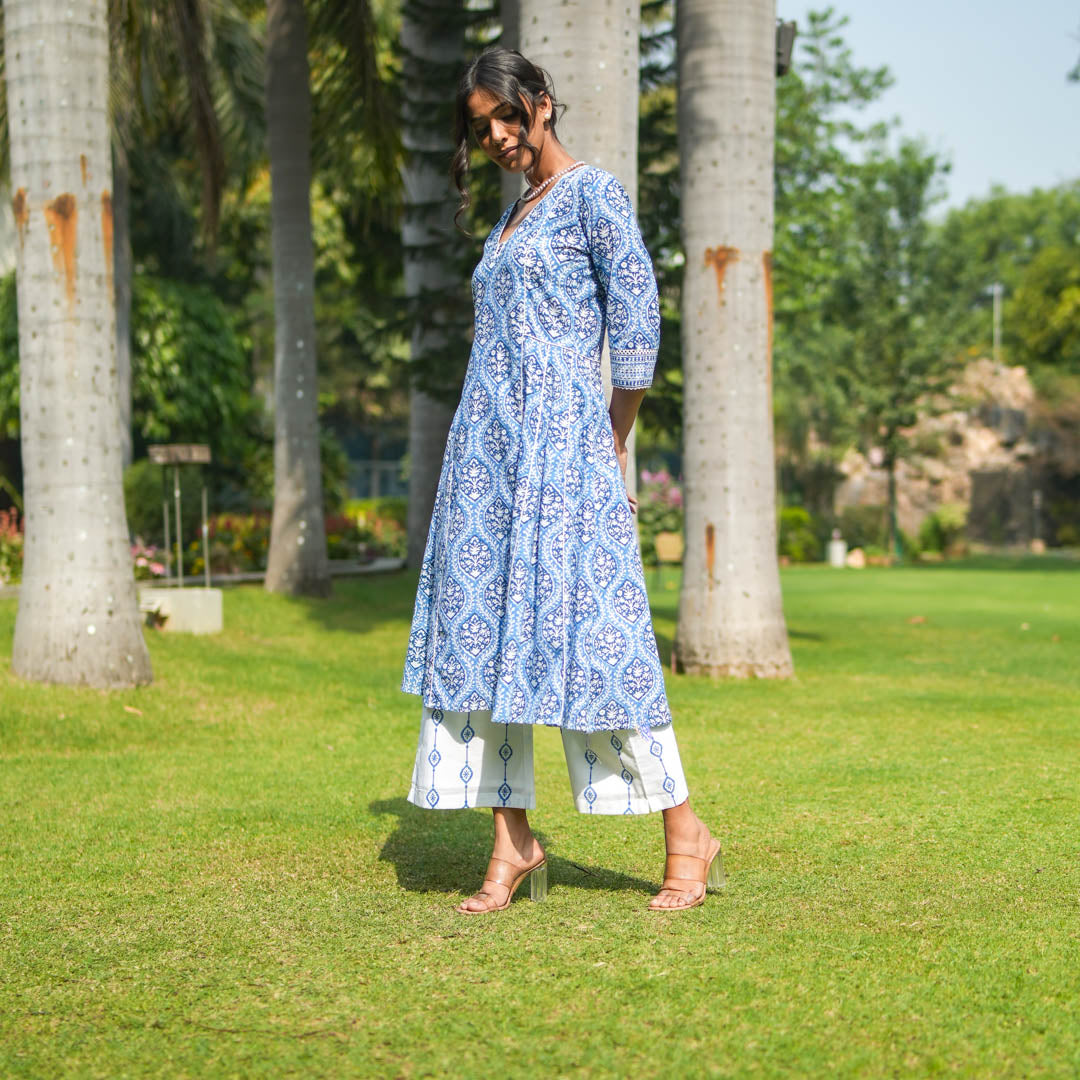 Blue Hand Block Printed Flared Kurta with Hand Embroidery Detail