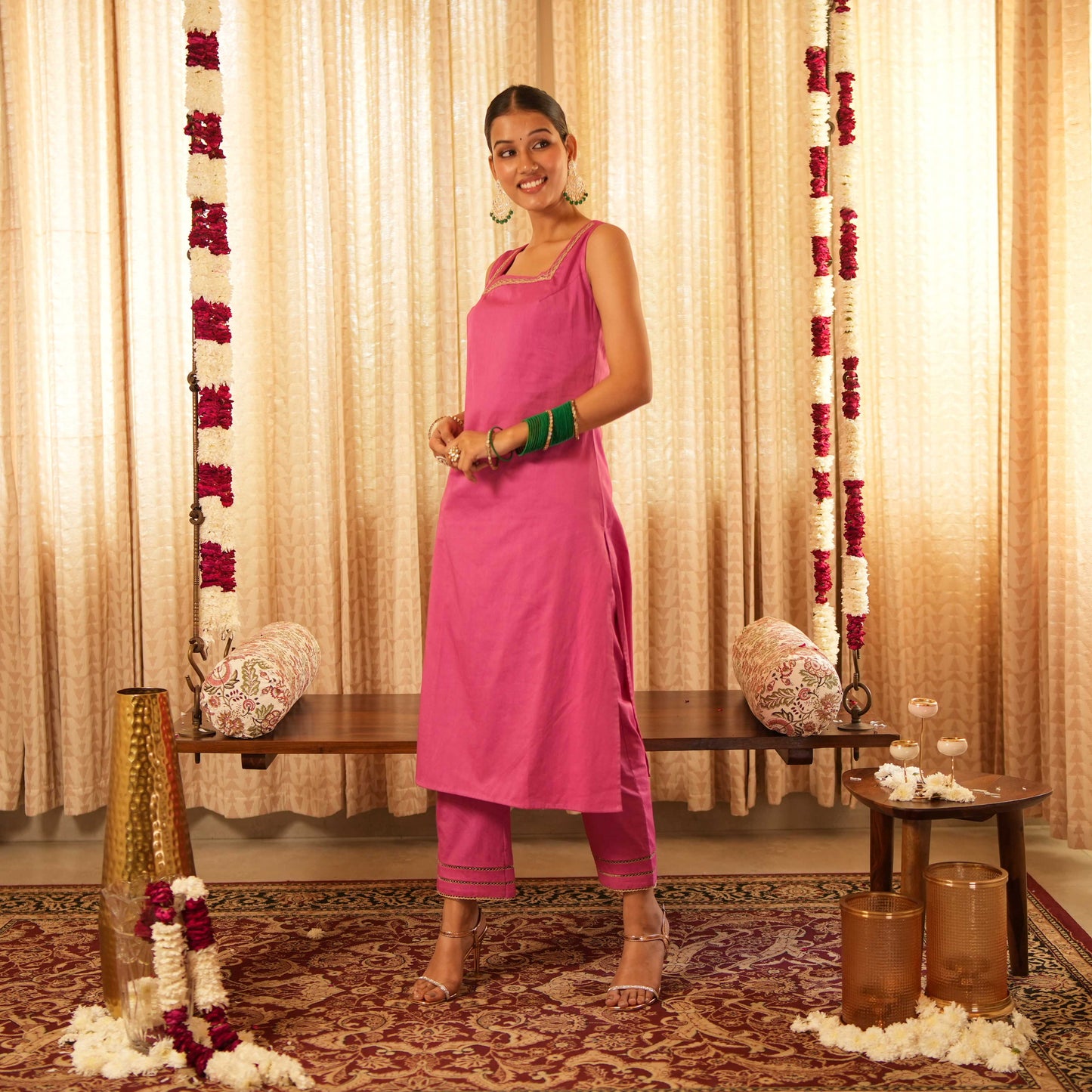 Solid Pink Sleeveless Straight Fit Kurta with Straight Pants and Printed Dupatta (Set of 3)