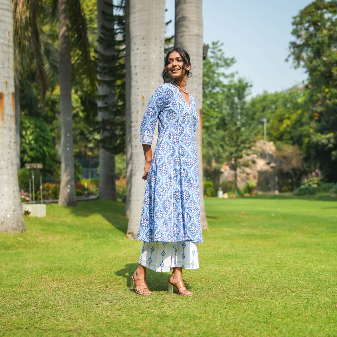 Blue Hand Block Printed Flared Kurta with Hand Embroidery Detail