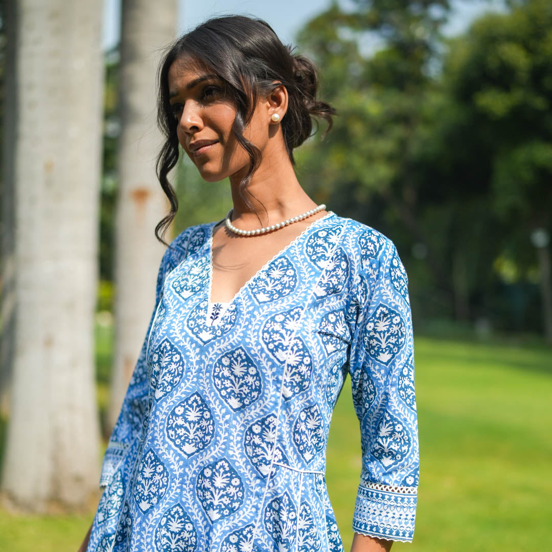 Blue Hand Block Printed Flared Kurta with Hand Embroidery Detail