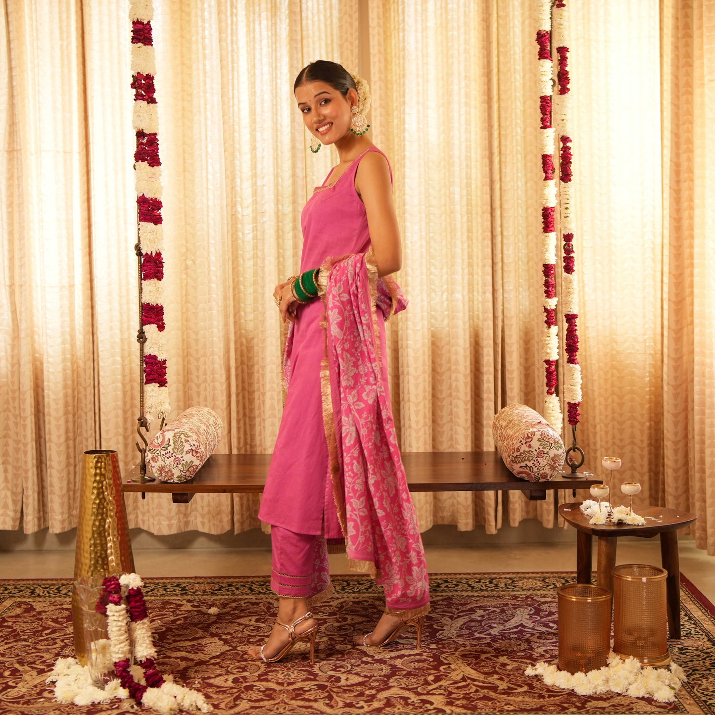 Solid Pink Sleeveless Straight Fit Kurta with Straight Pants and Printed Dupatta (Set of 3)
