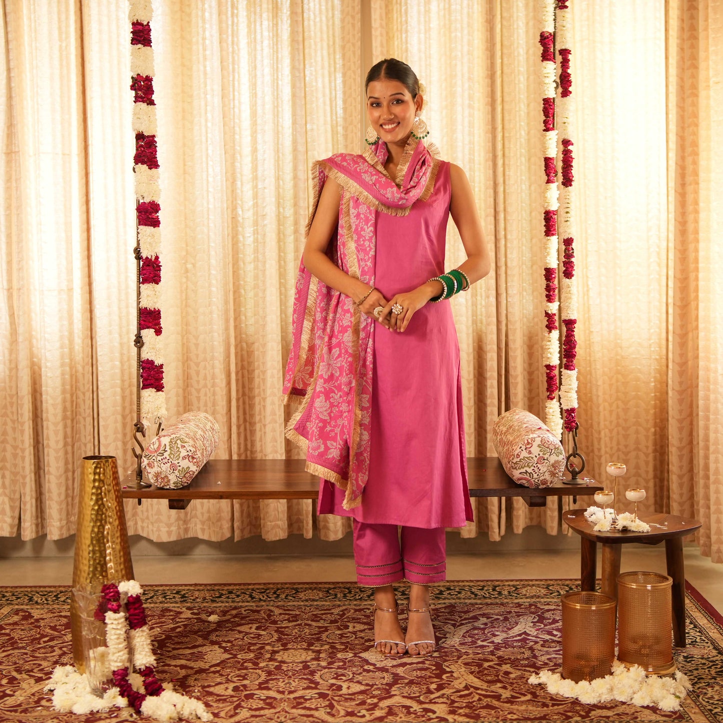 Solid Pink Sleeveless Straight Fit Kurta with Straight Pants and Printed Dupatta (Set of 3)