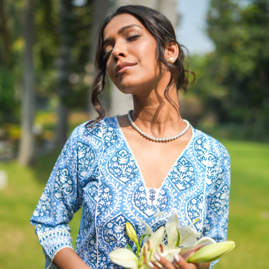 Blue Hand Block Printed Flared Kurta with Hand Embroidery Detail