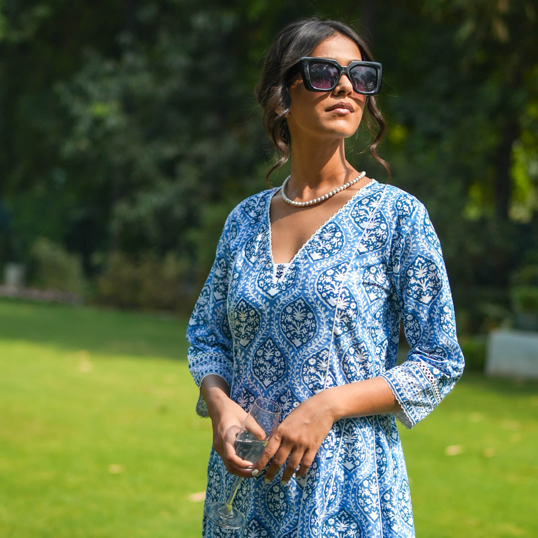 Blue Hand Block Printed Flared Kurta with Hand Embroidery Detail