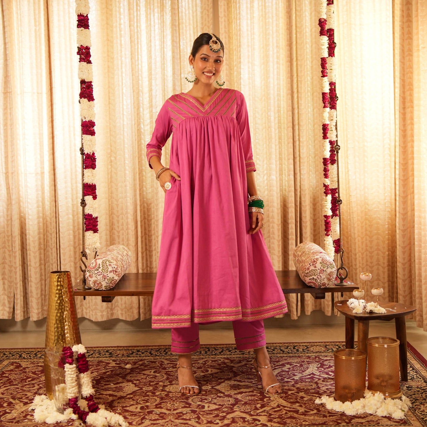 Solid Pink Long Anarkali Kurta with Straight Pants and Printed Dupatta (Set of 3)