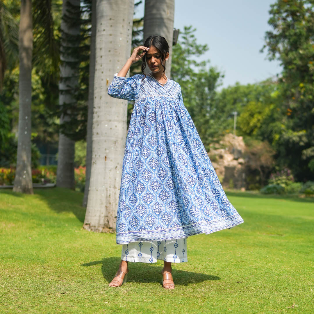 Blue Hand Block Printed Anarkali Kurta with Lace Yoke and Overlapped V-neck