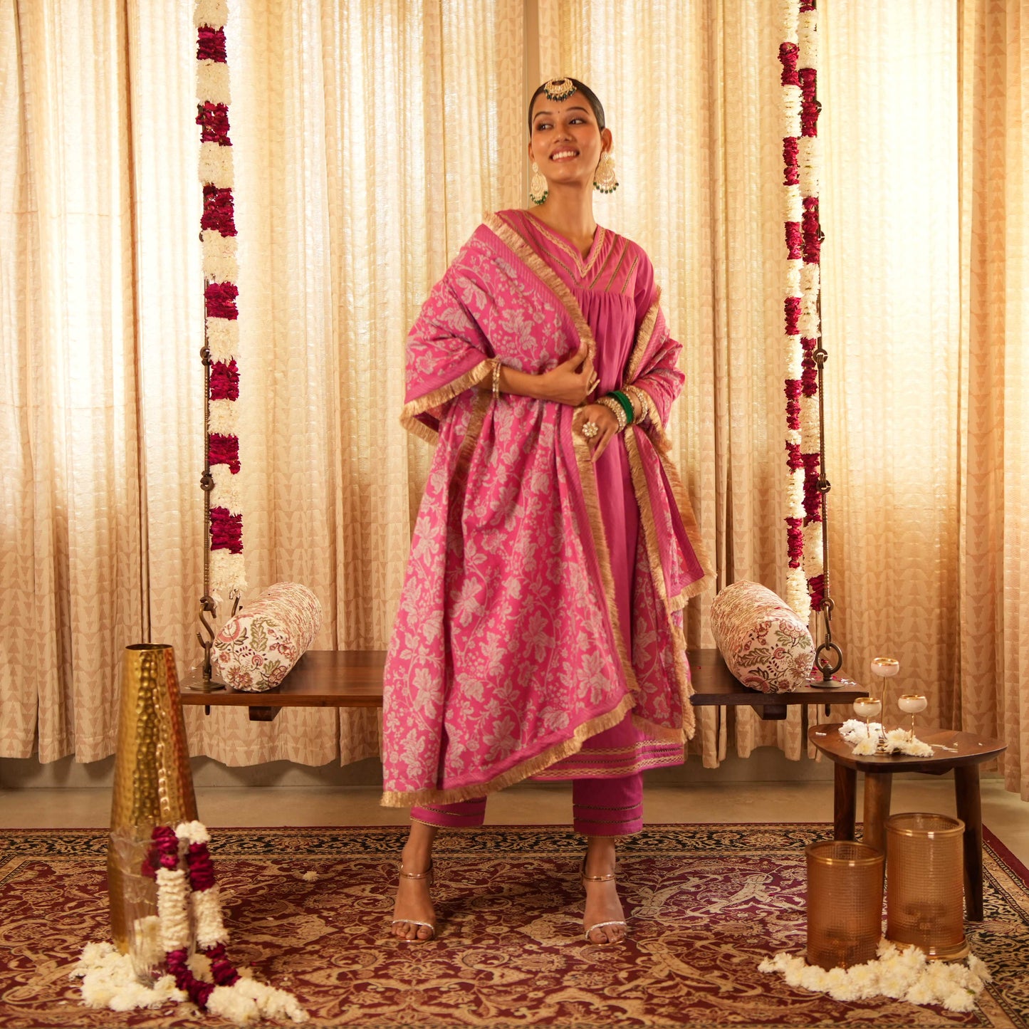 Solid Pink Long Anarkali Kurta with Straight Pants and Printed Dupatta (Set of 3)