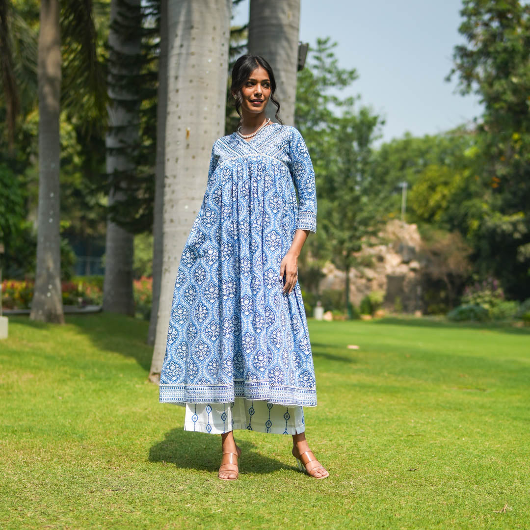 Blue Hand Block Printed Anarkali Kurta with Lace Yoke and Overlapped V-neck