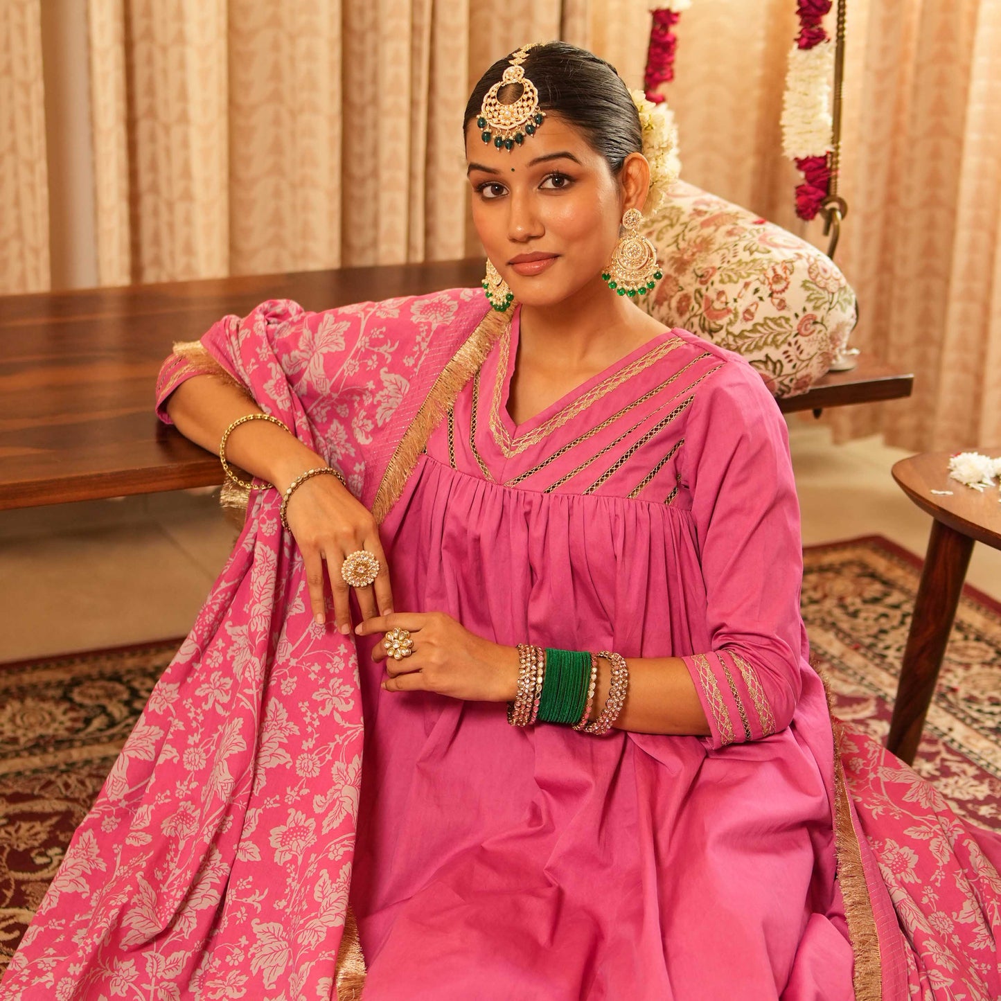 Solid Pink Long Anarkali Kurta with Straight Pants and Printed Dupatta (Set of 3)