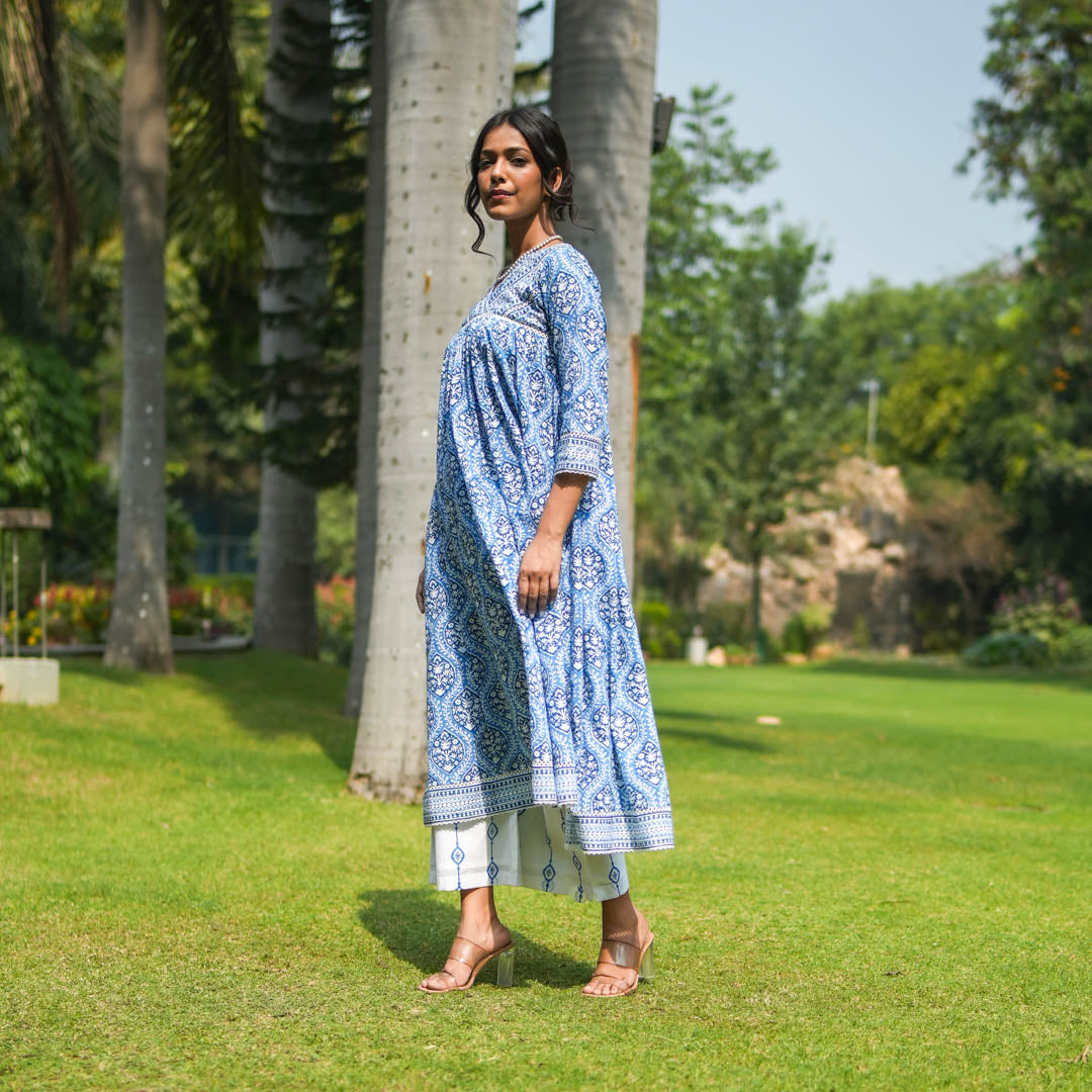 Blue Hand Block Printed Anarkali Kurta Set (Set of 2)
