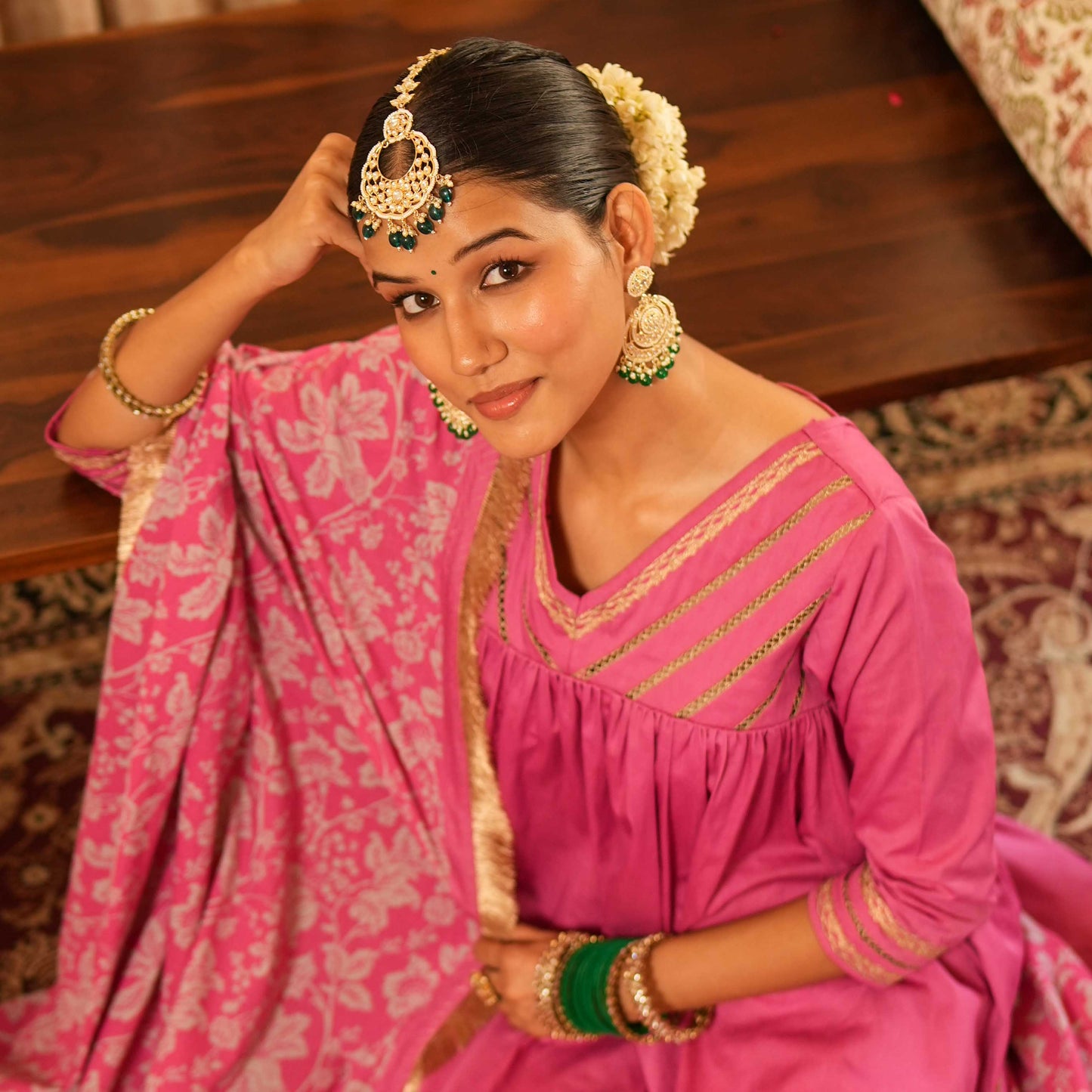 Solid Pink Long Anarkali Kurta with Straight Pants and Printed Dupatta (Set of 3)