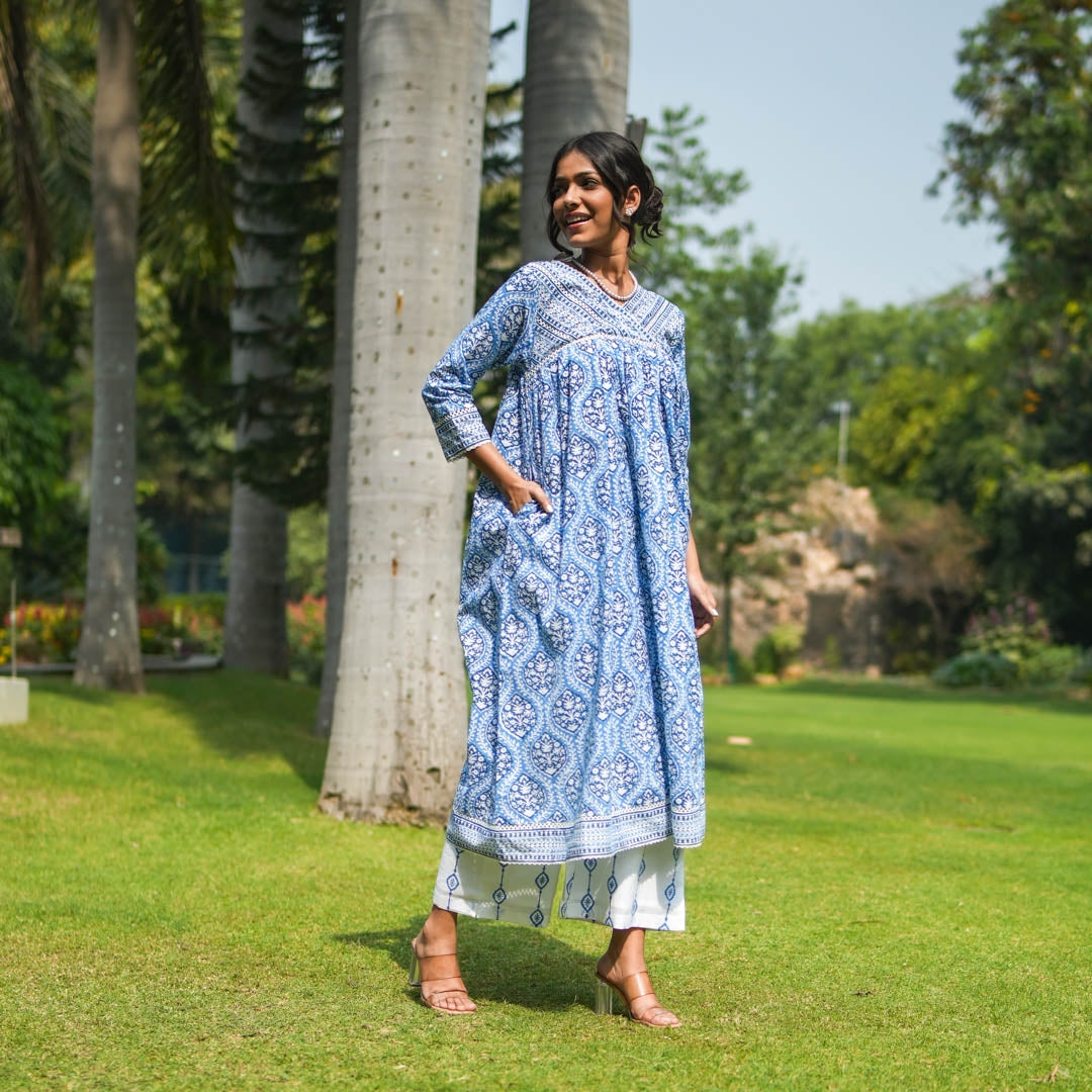 Blue Hand Block Printed Anarkali Kurta with Lace Yoke and Overlapped V-neck