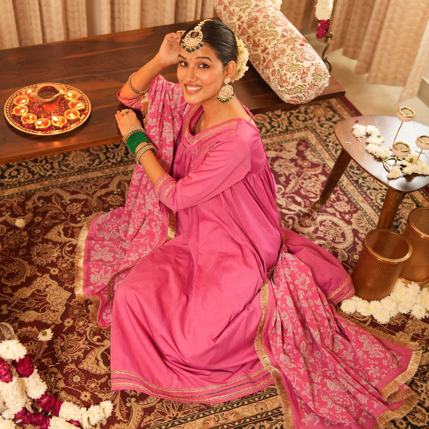 Solid Pink Long Anarkali Kurta with Straight Pants and Printed Dupatta (Set of 3)