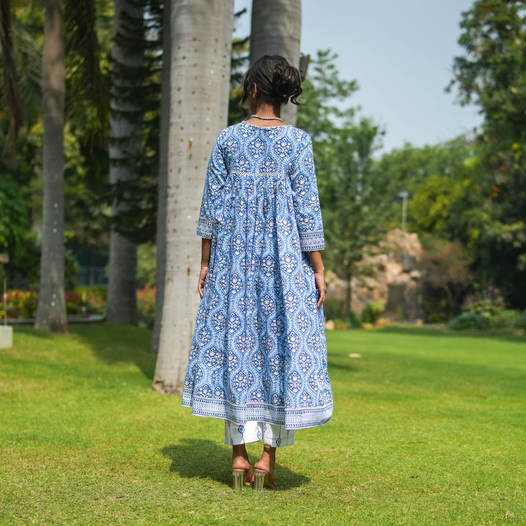 Blue Hand Block Printed Anarkali Kurta with Lace Yoke and Overlapped V-neck