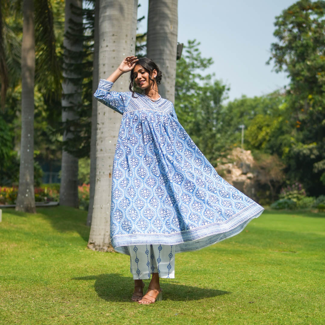 Blue Hand Block Printed Anarkali Kurta with Lace Yoke and Overlapped V-neck