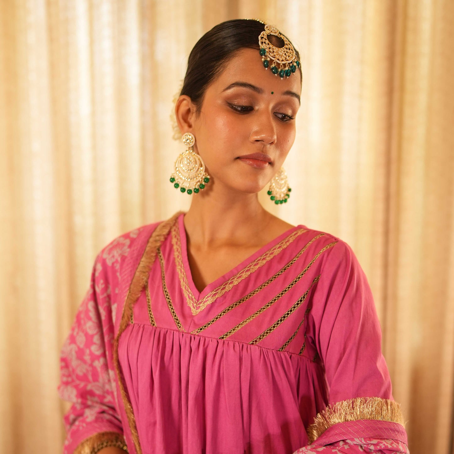 Solid Pink Long Anarkali Kurta with Straight Pants and Printed Dupatta (Set of 3)