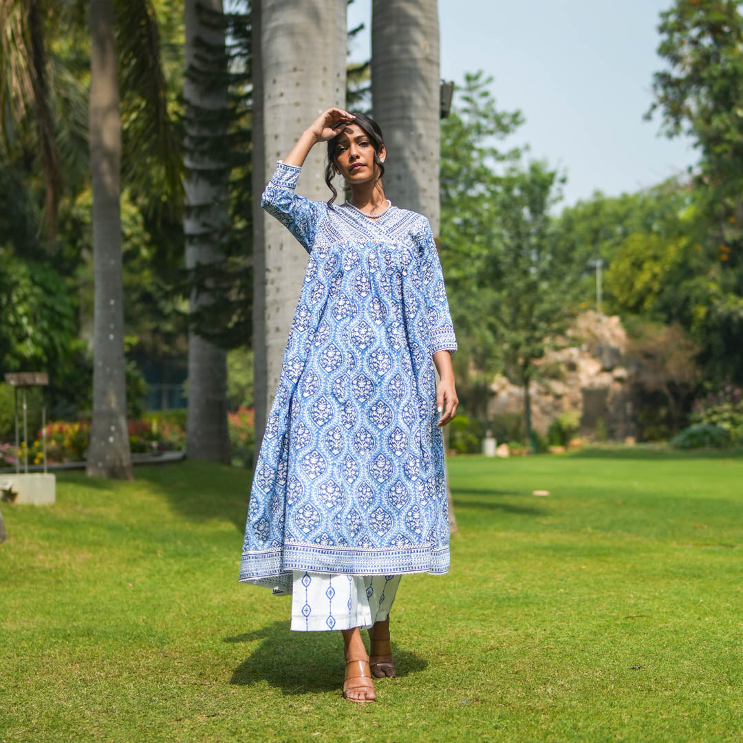 Blue Hand Block Printed Anarkali Kurta with Lace Yoke and Overlapped V-neck