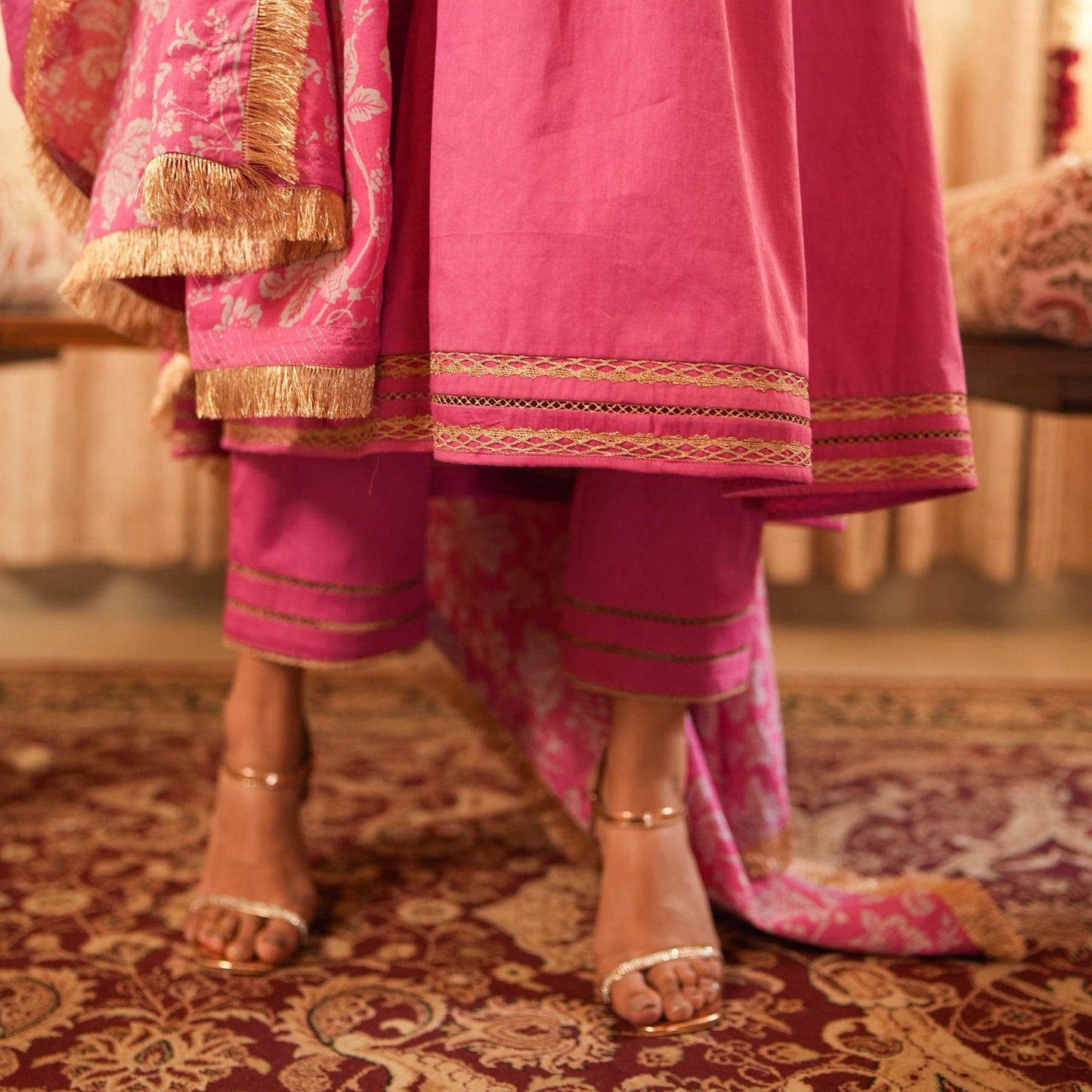 Solid Pink Long Anarkali Kurta with Straight Pants and Printed Dupatta (Set of 3)