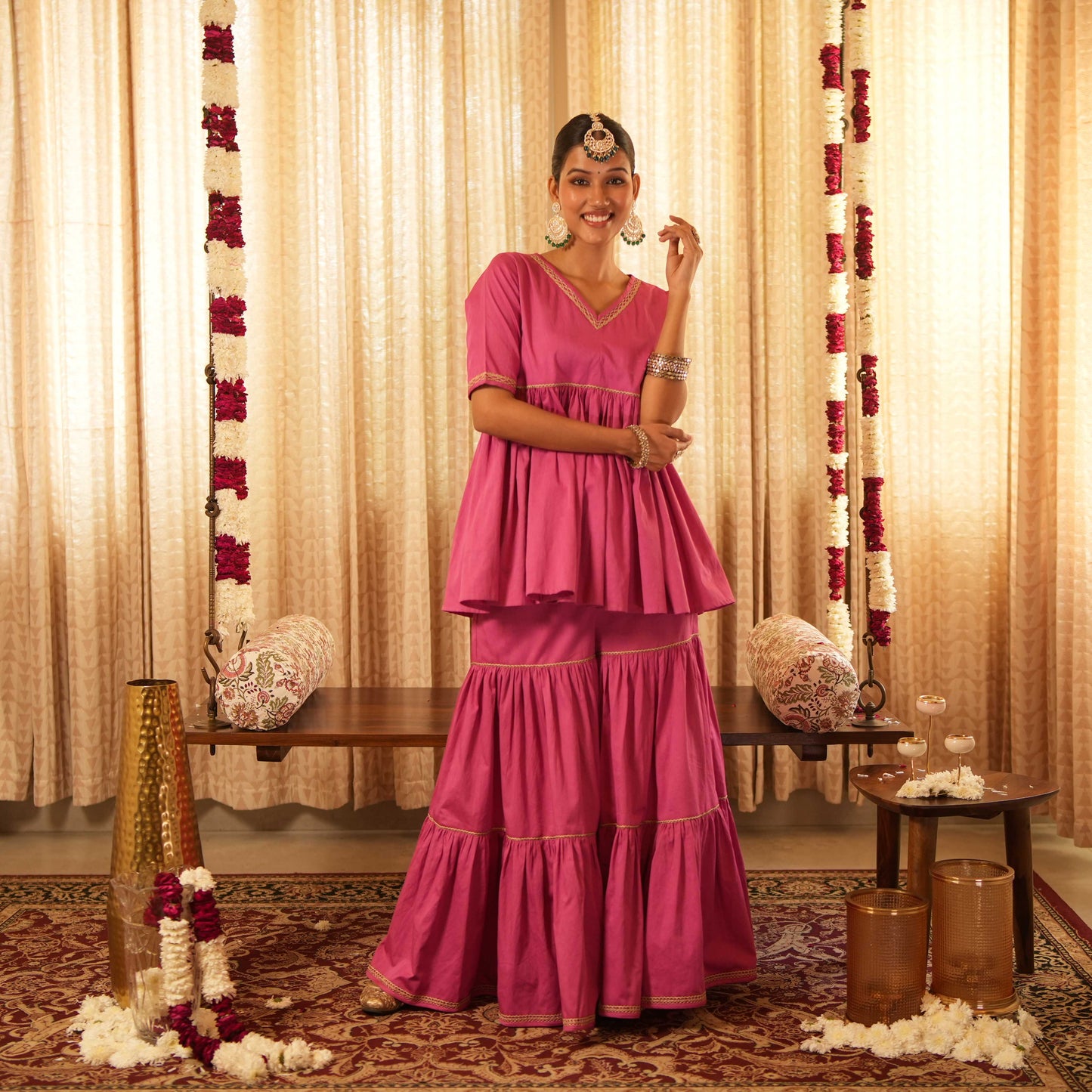 Solid Pink Tiered Peplum Short Kurta with Straight Pants and Printed Dupatta (Set of 3)