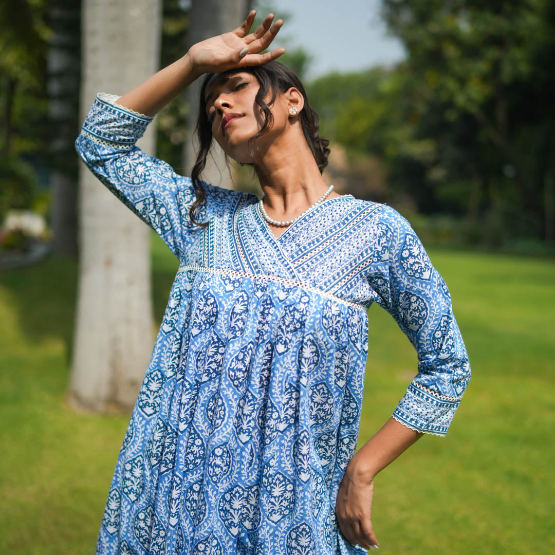 Blue Hand Block Printed Anarkali Kurta with Lace Yoke and Overlapped V-neck