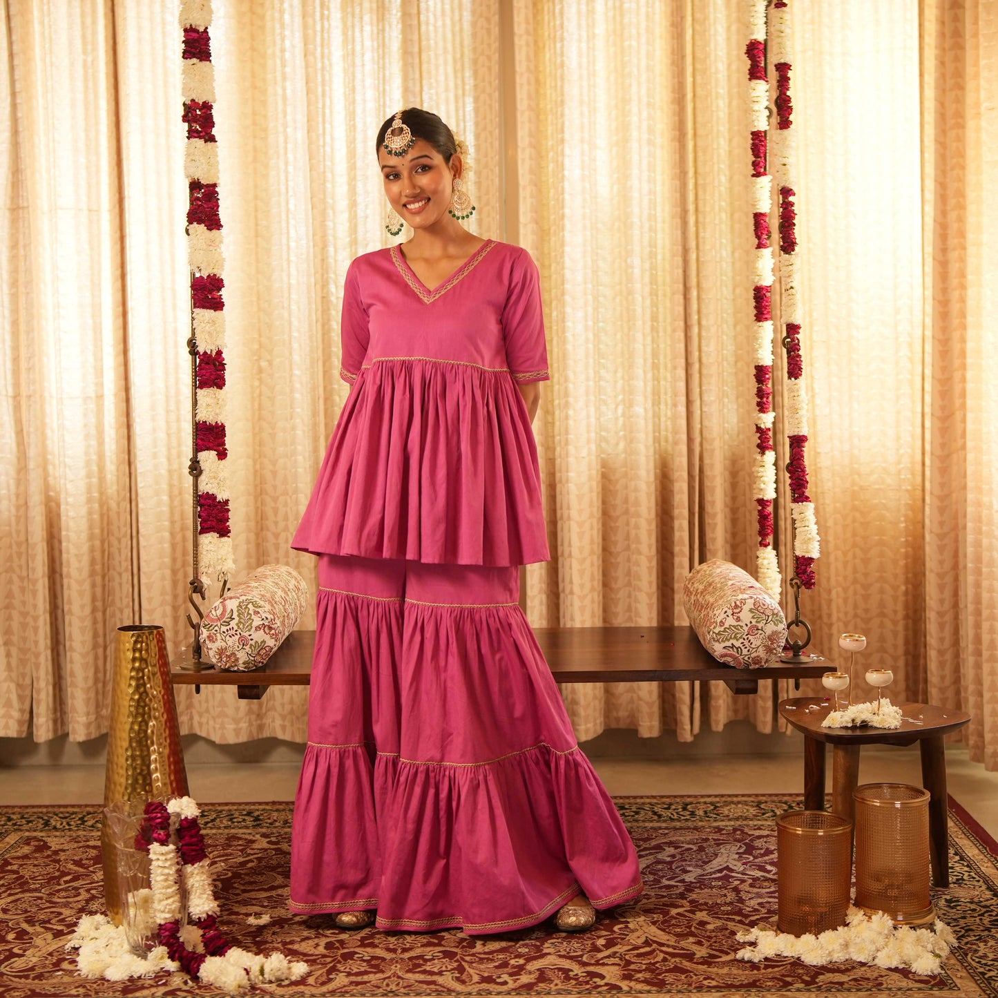 Solid Pink Tiered Peplum Short Kurta with Straight Pants and Printed Dupatta (Set of 3)