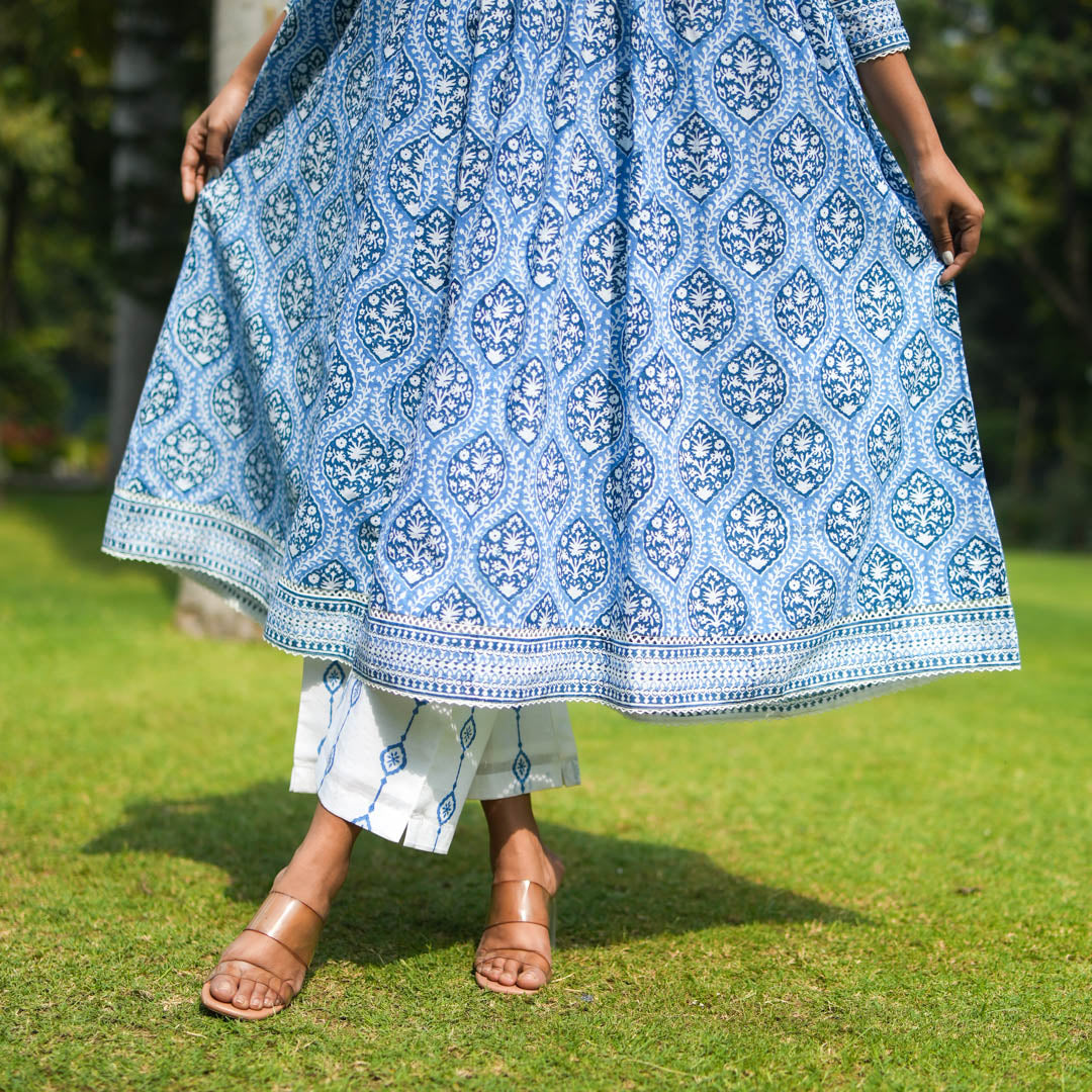 Blue Hand Block Printed Anarkali Kurta with Lace Yoke and Overlapped V-neck