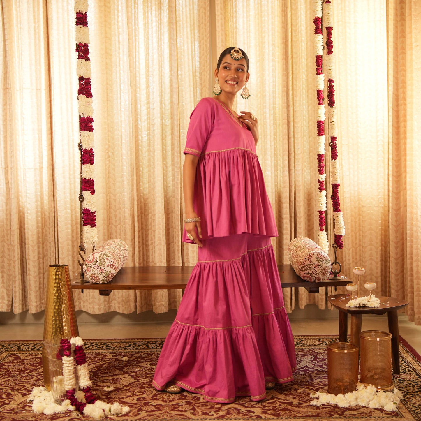 Solid Pink Tiered Peplum Short Kurta with Straight Pants and Printed Dupatta (Set of 3)