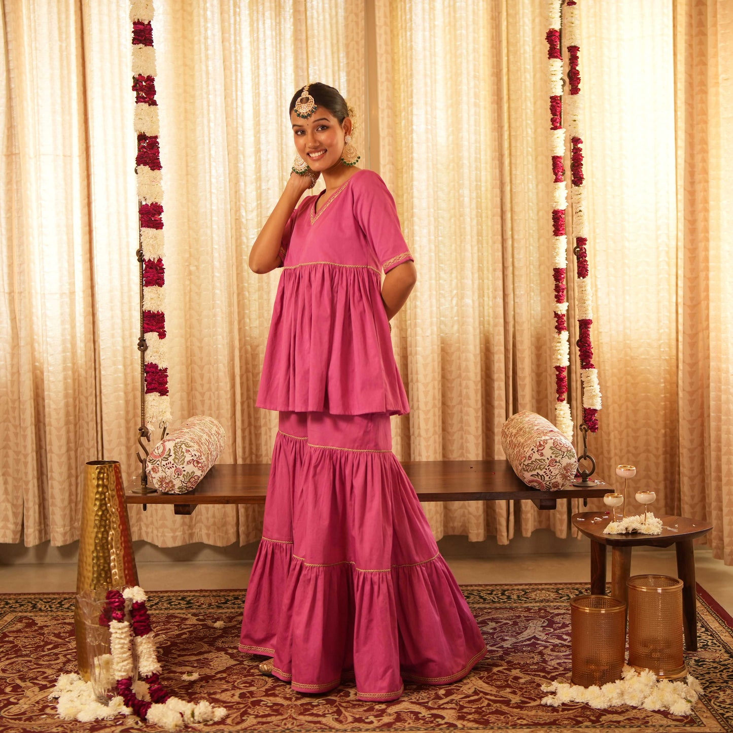 Solid Pink Tiered Peplum Short Kurta with Straight Pants and Printed Dupatta (Set of 3)