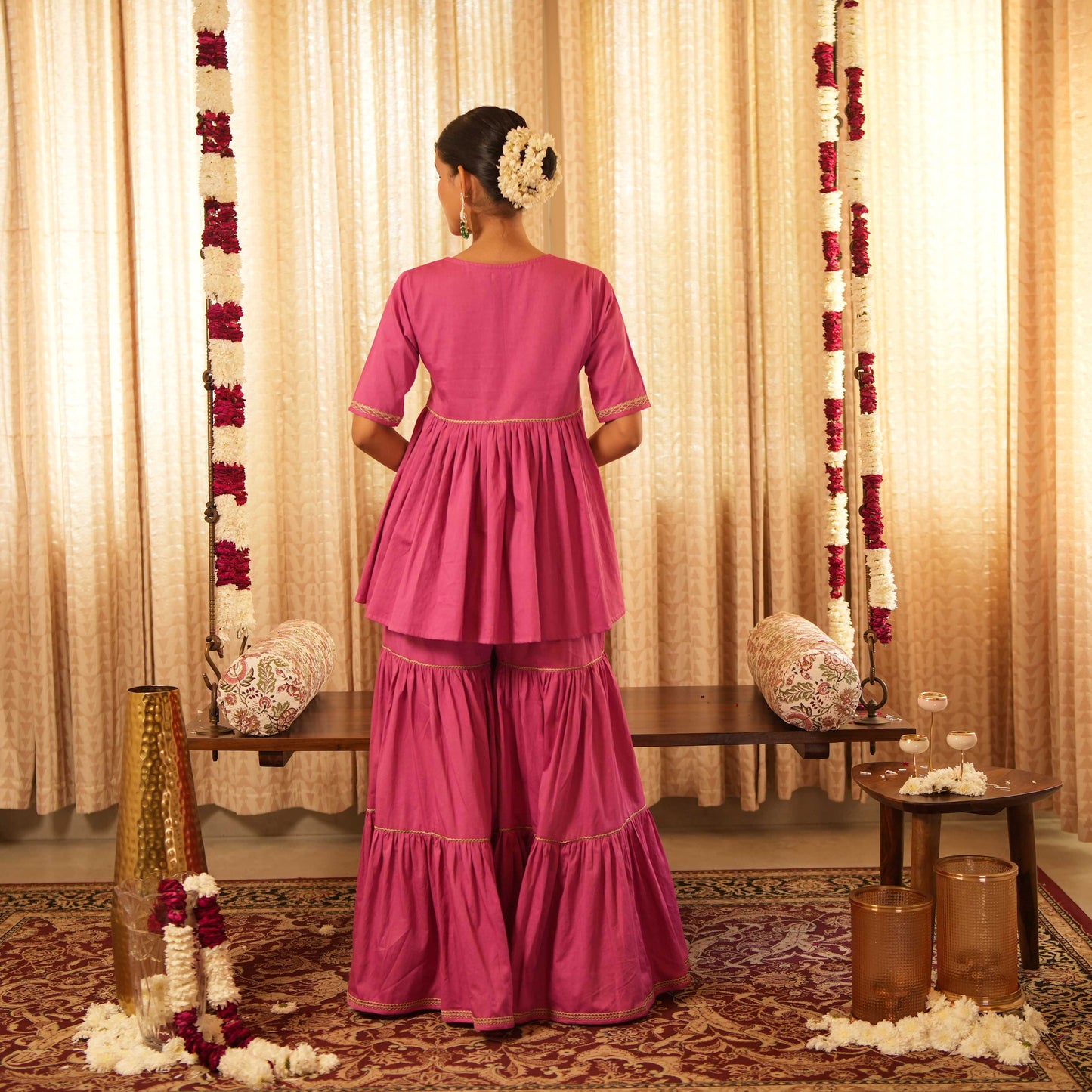 Solid Pink Tiered Peplum Short Kurta with Straight Pants and Printed Dupatta (Set of 3)