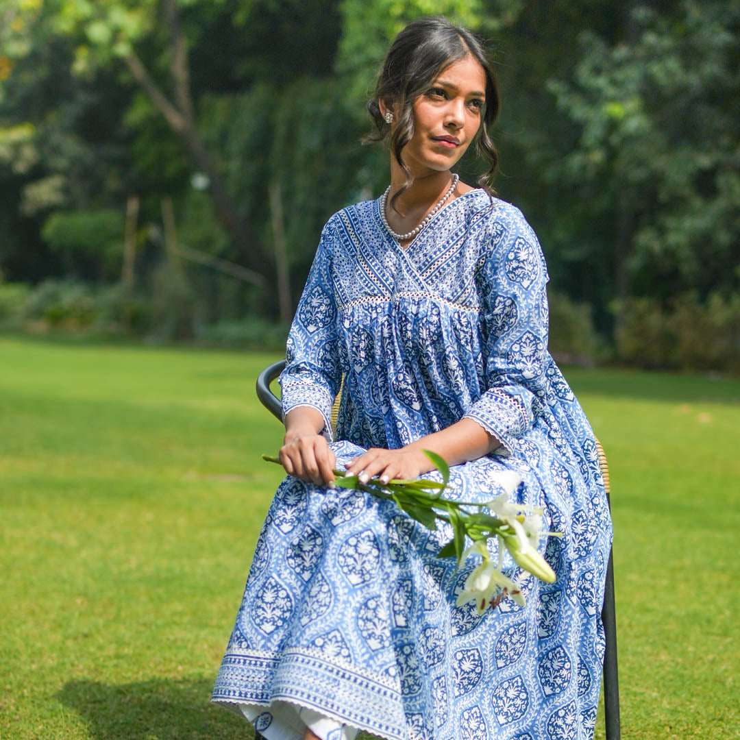 Blue Hand Block Printed Anarkali Kurta with Lace Yoke and Overlapped V-neck