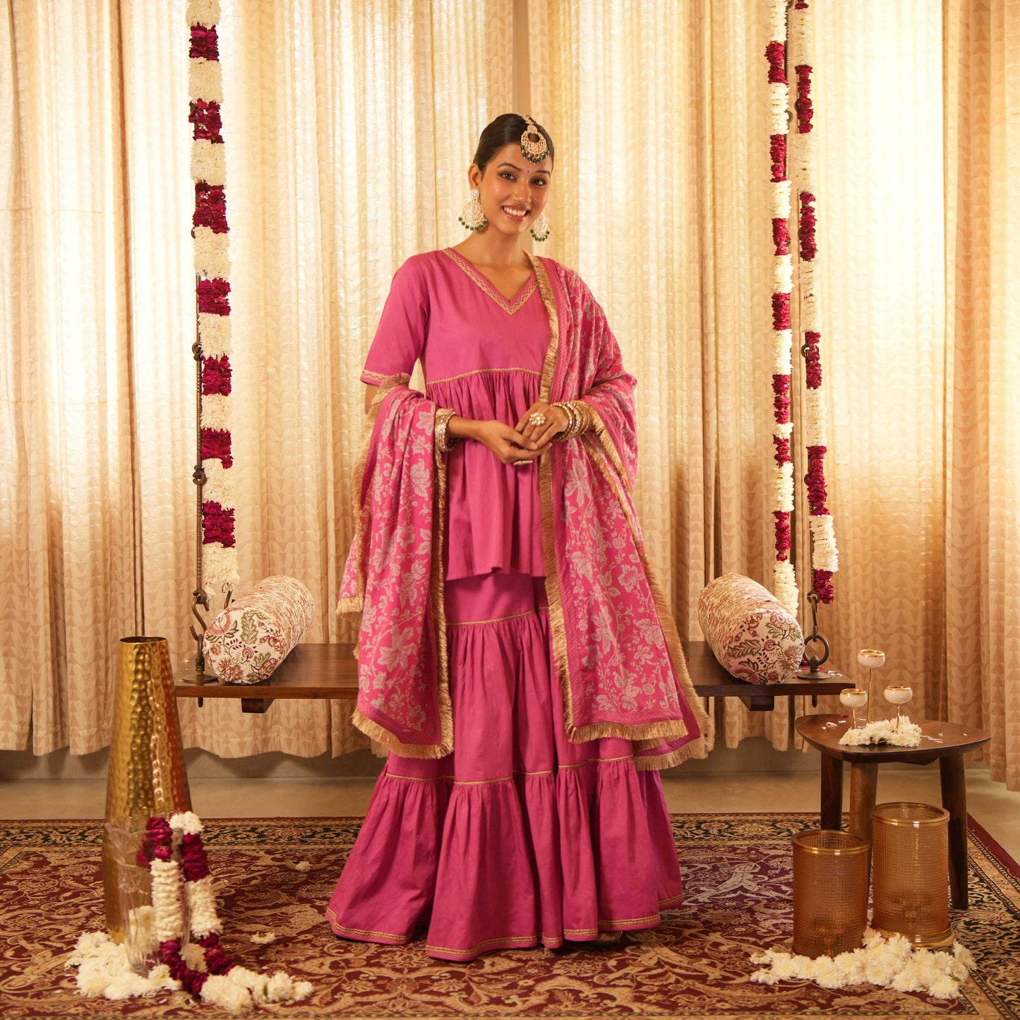 Solid Pink Tiered Peplum Short Kurta with Straight Pants and Printed Dupatta (Set of 3)
