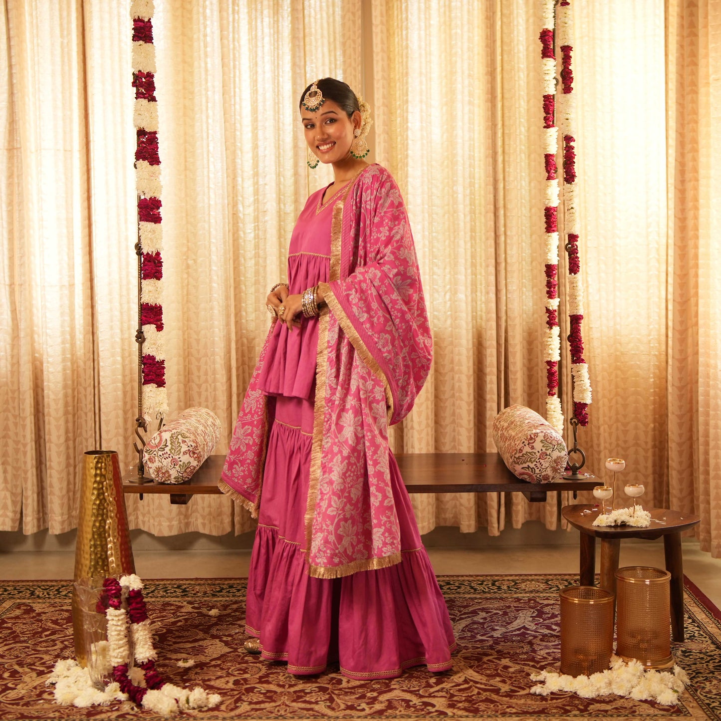 Solid Pink Tiered Peplum Short Kurta with Straight Pants and Printed Dupatta (Set of 3)