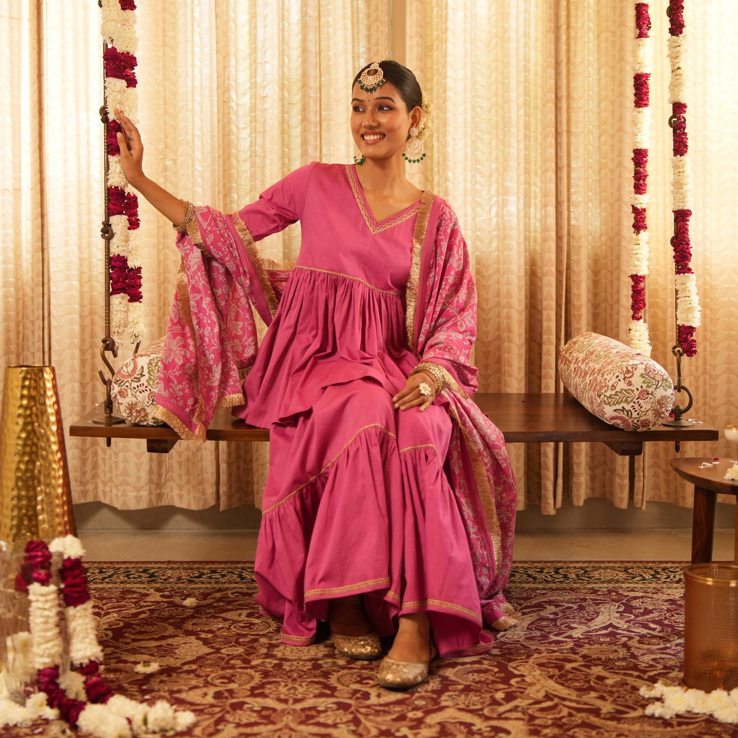 Solid Pink Tiered Peplum Short Kurta with Straight Pants and Printed Dupatta (Set of 3)