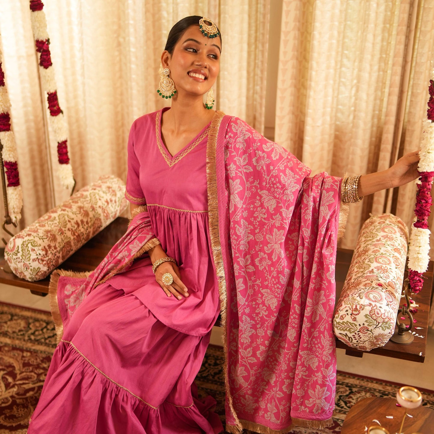 Solid Pink Tiered Peplum Short Kurta with Straight Pants and Printed Dupatta (Set of 3)