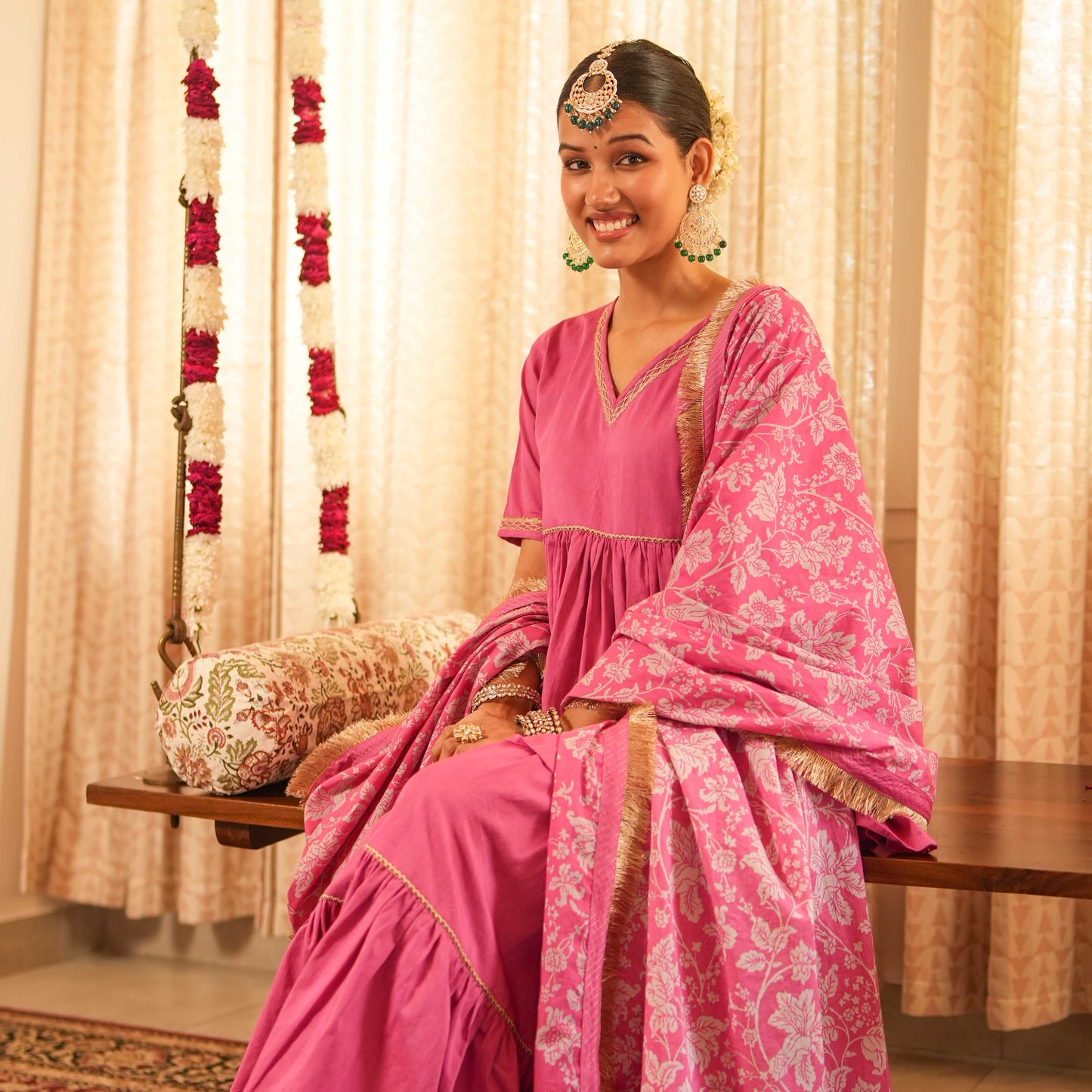 Solid Pink Tiered Peplum Short Kurta with Straight Pants and Printed Dupatta (Set of 3)