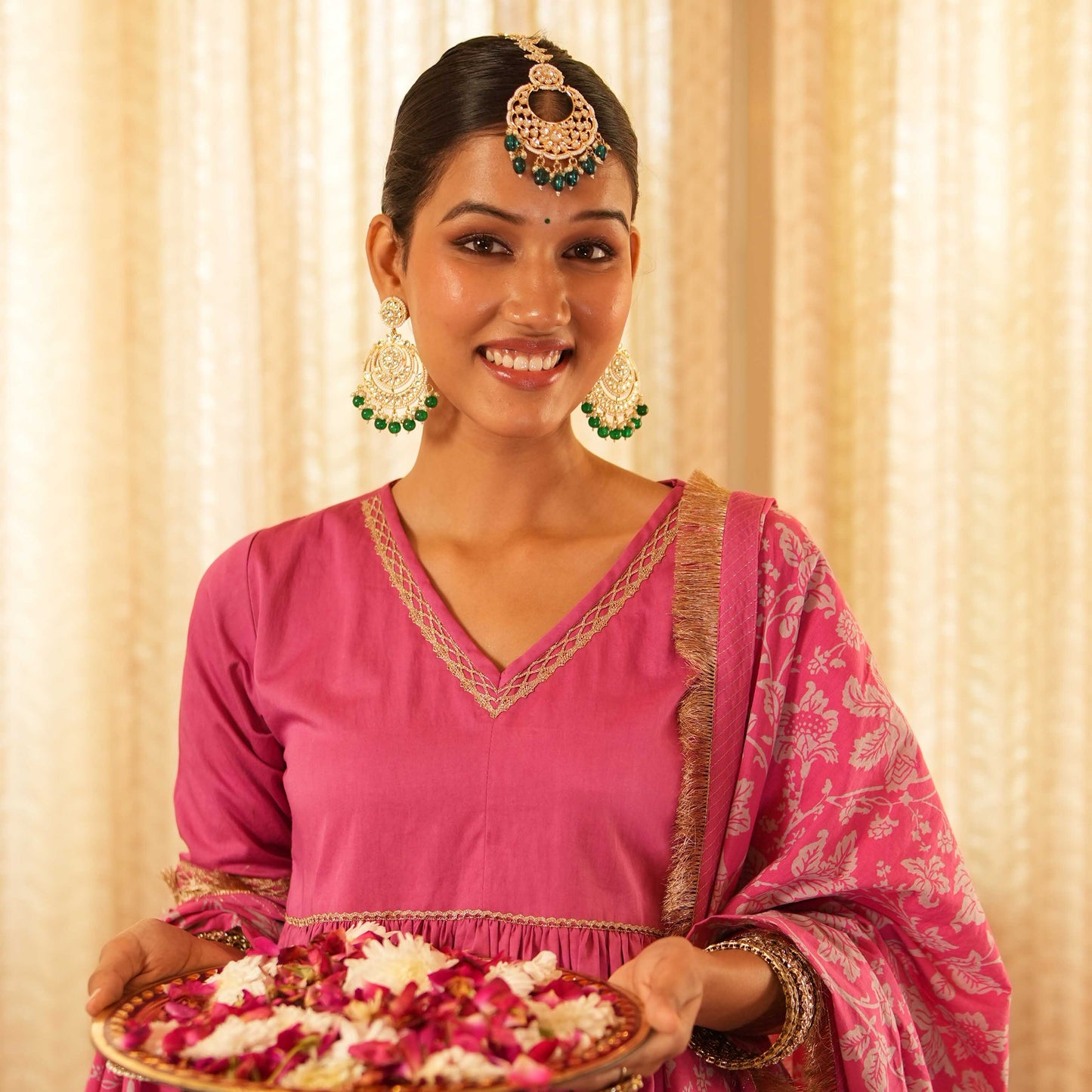 Solid Pink Tiered Peplum Short Kurta with Straight Pants and Printed Dupatta (Set of 3)