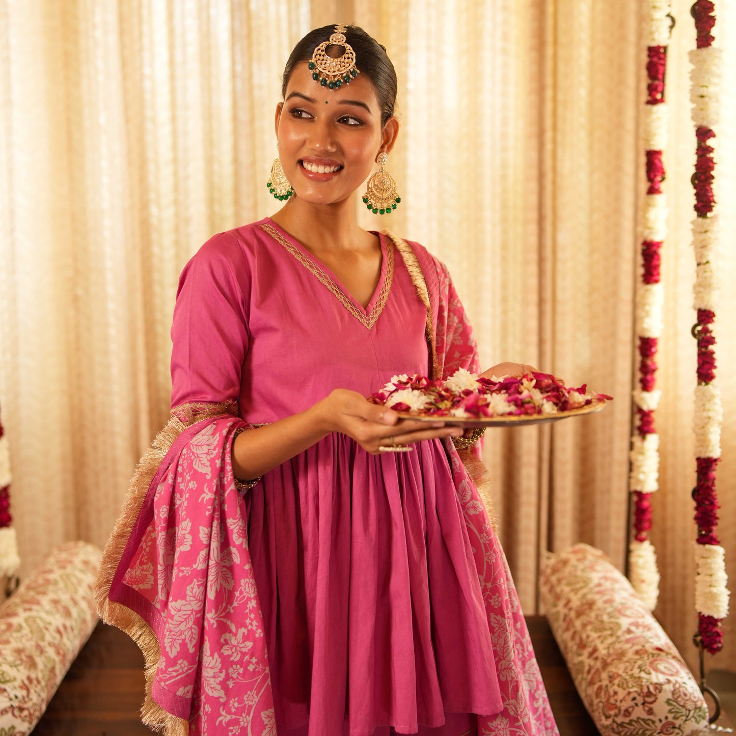 Solid Pink Tiered Peplum Short Kurta with Straight Pants and Printed Dupatta (Set of 3)