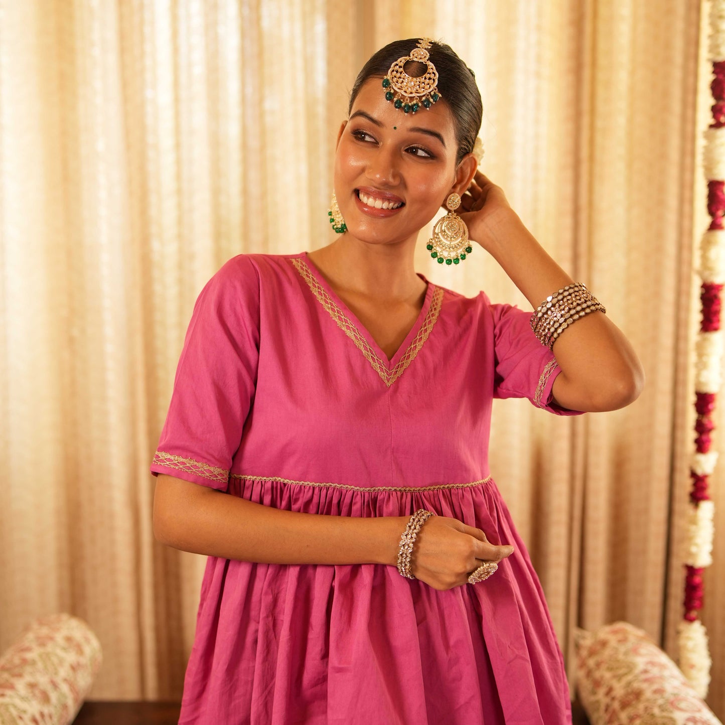 Solid Pink Tiered Peplum Short Kurta with Straight Pants and Printed Dupatta (Set of 3)