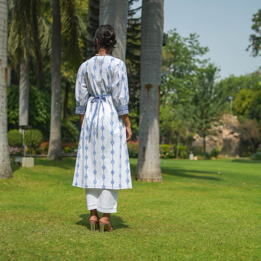 White Hand Block Printed Fit and Flare Kurta Set with Embroidered Waist Detail and Back Tie-up( set of 2 )