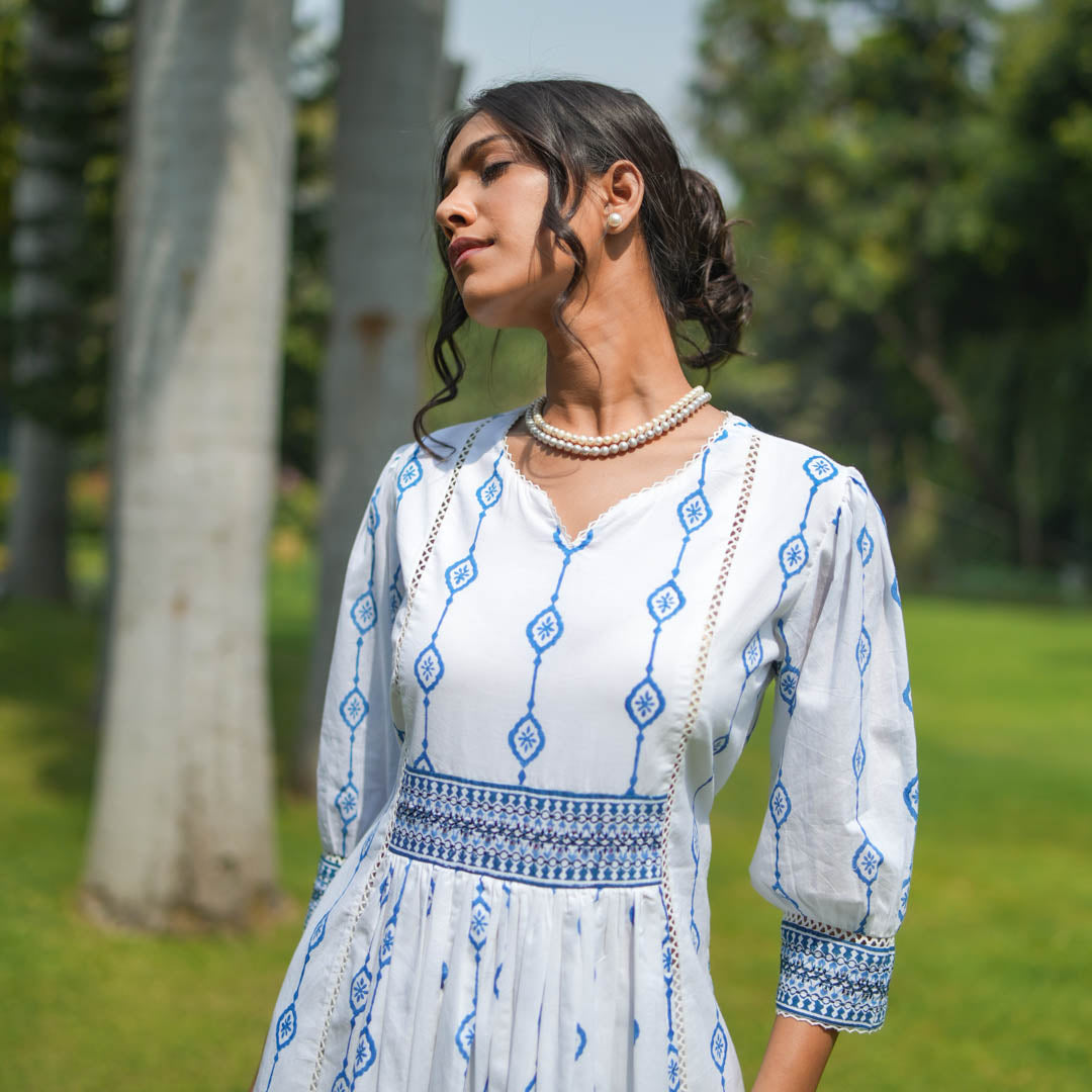 White block printed fit and flare kurta with yoke and tie-up