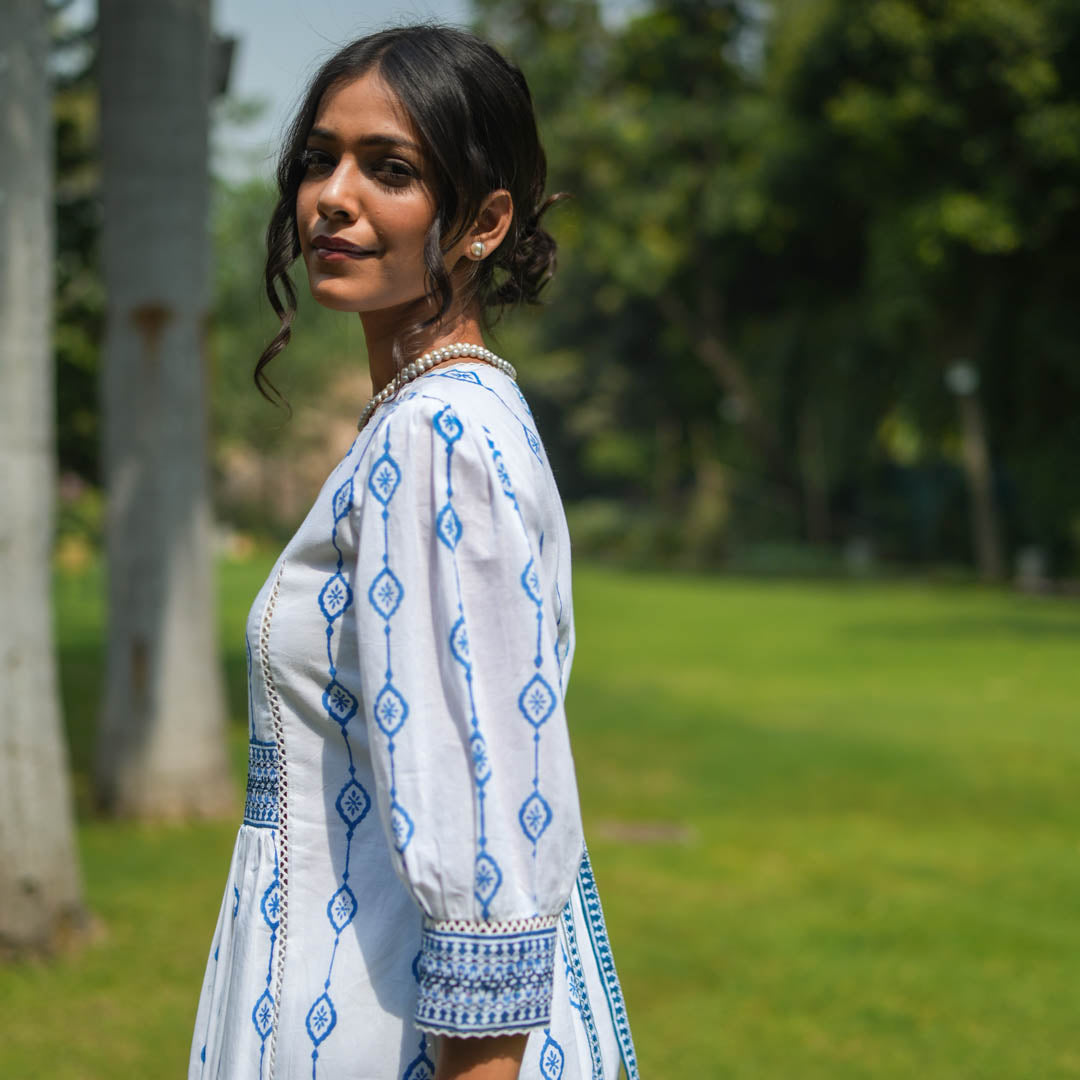 White block printed fit and flare kurta with yoke and tie-up