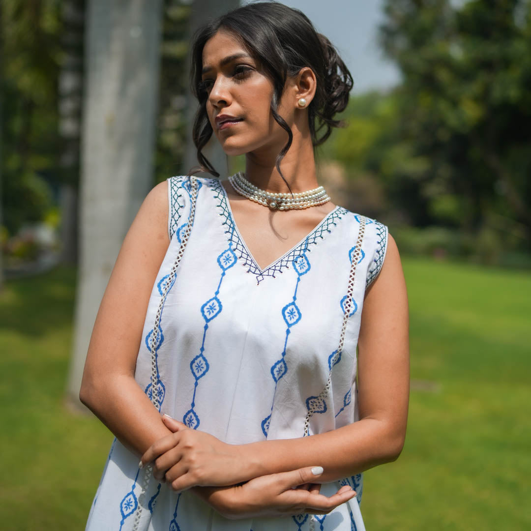 White Hand Block Printed Flared Sleeveless Kurta