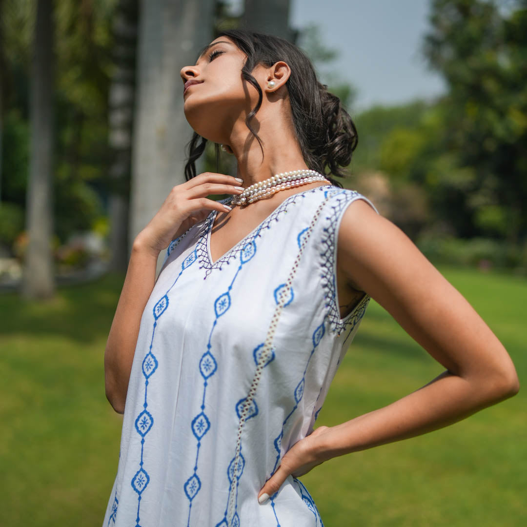 White Hand Block Printed Flared Sleeveless Kurta