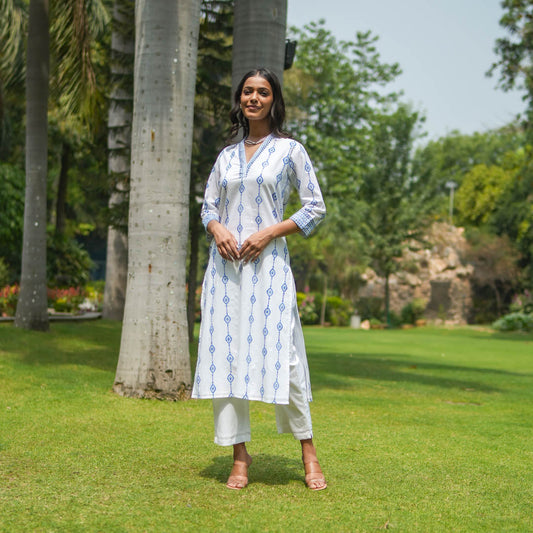 White Hand Block Printed Straight Kurta Set ( set of 2 )