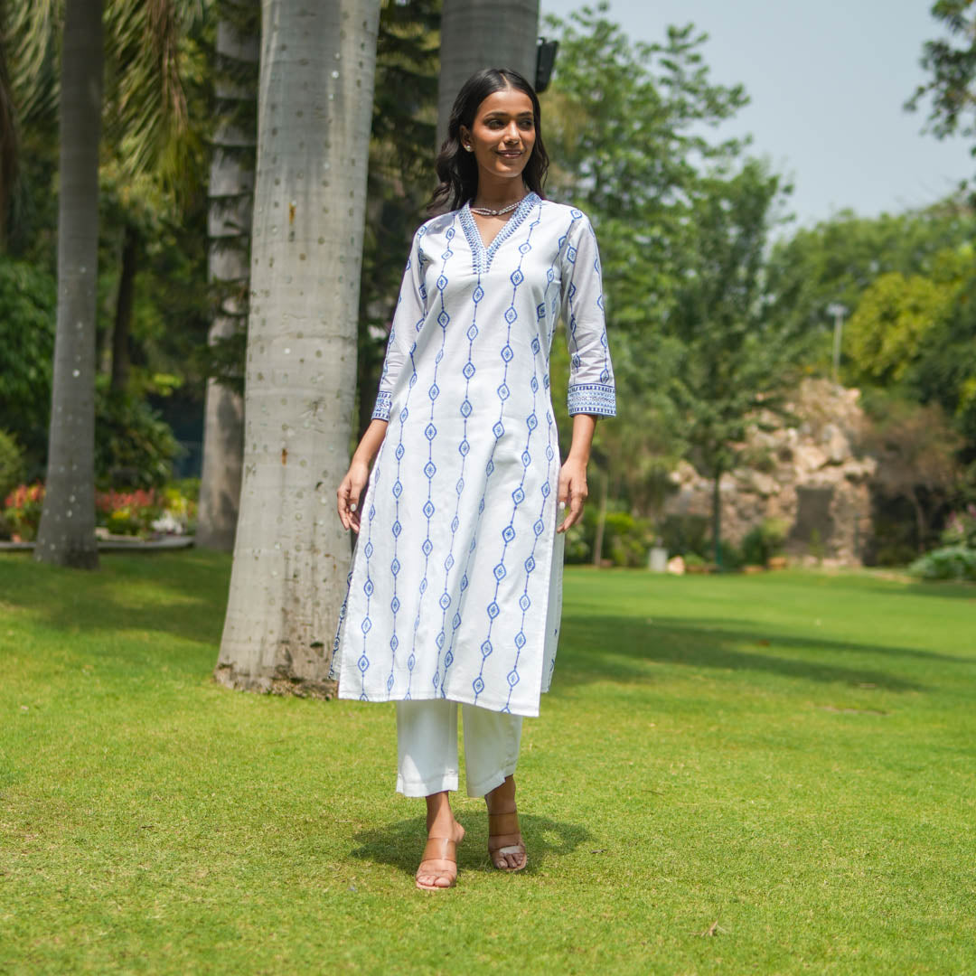 White Hand Block Printed Straight Kurta Set ( set of 2 )