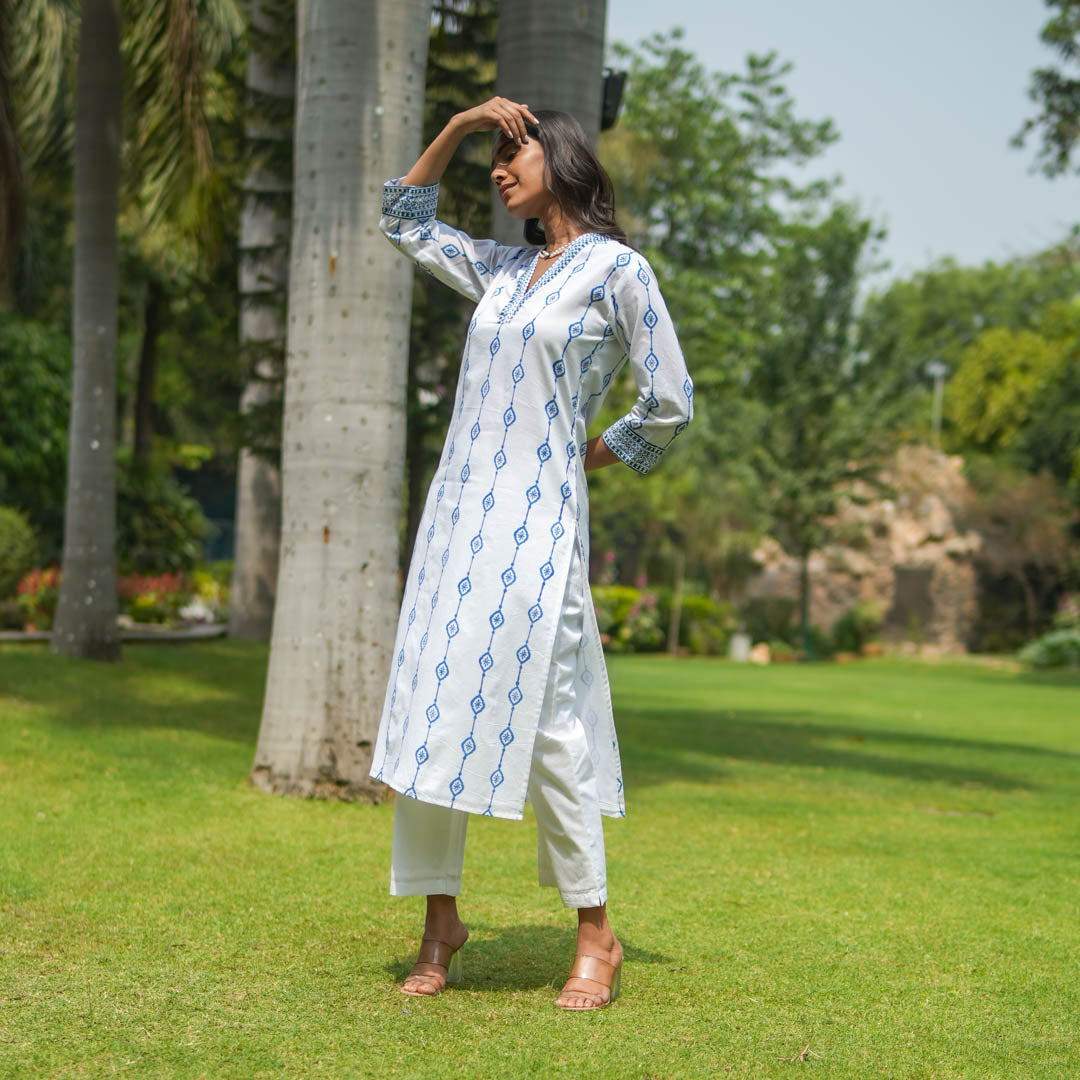 White Hand Block Printed Straight Kurta with V neck