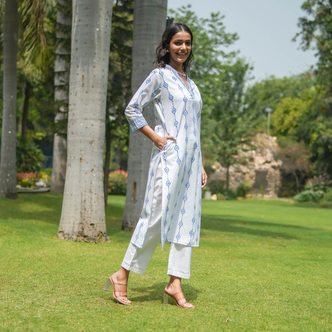 White Hand Block Printed Straight Kurta Set ( set of 2 )