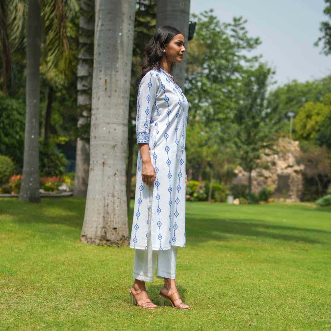 White Hand Block Printed Straight Kurta with V neck