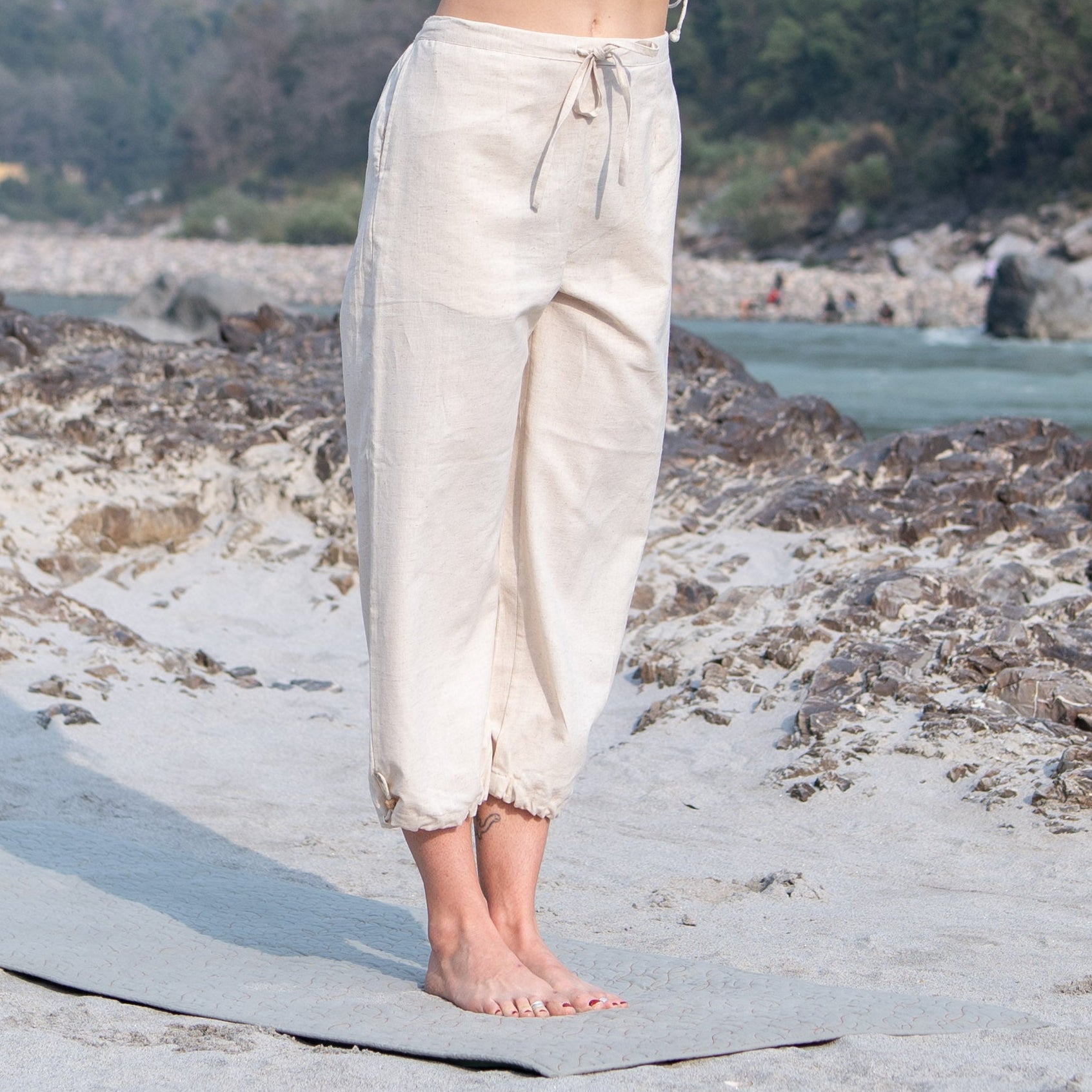 Women Cotton Yoga Pants with string pull -White -Ananda |AKISO